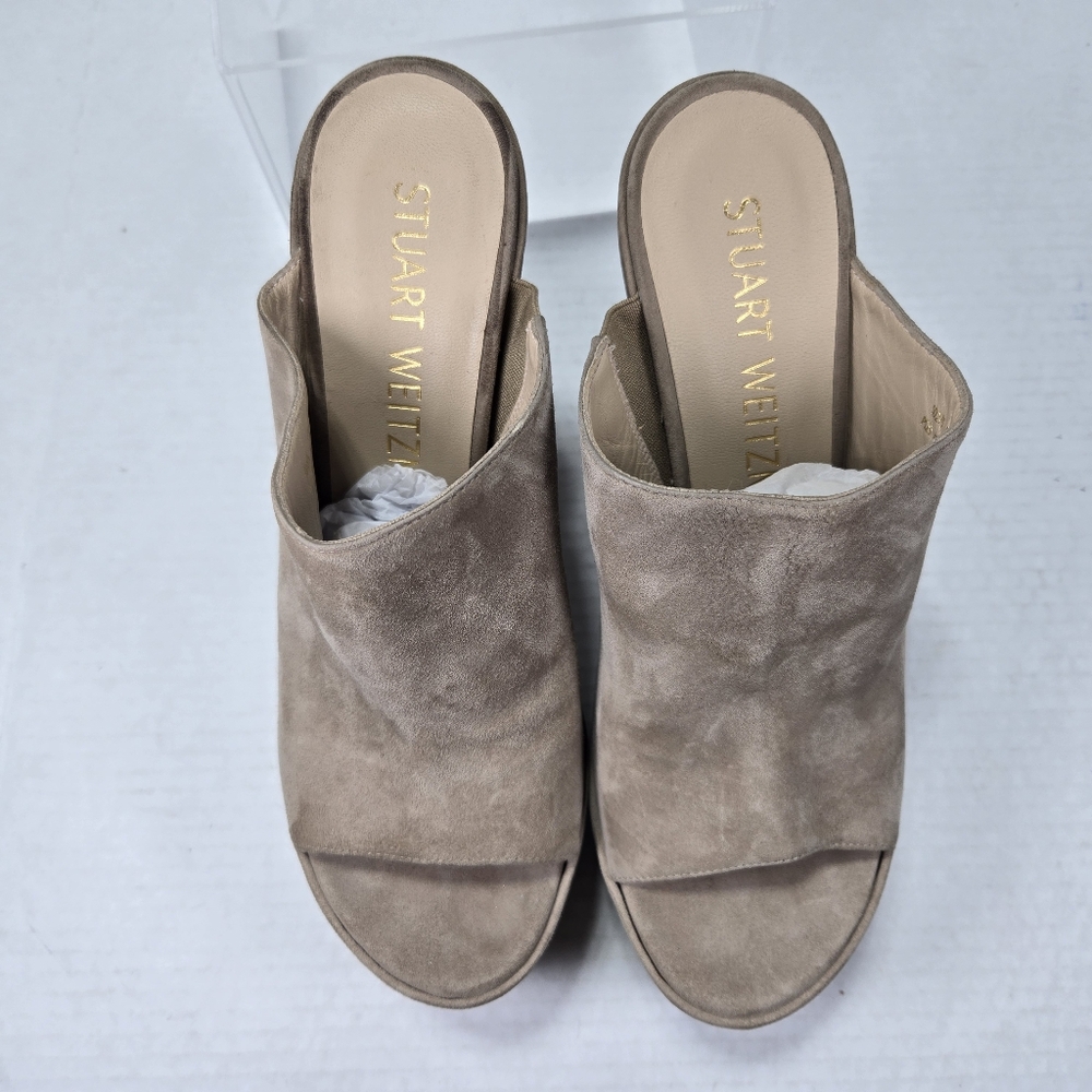 Stuart Weitzman Skyhigh 145mm Natural Tan Slide Platform Mules Size 9 1/2 M - Picture 2 of 10